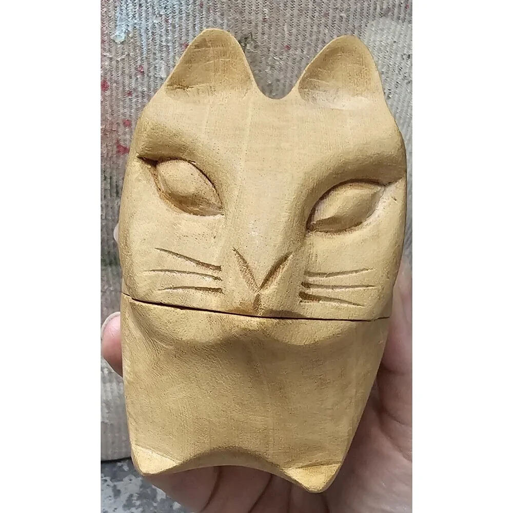 Arthur Court Designs 1980's Hand Carved Cat Wood Trinket Stash Box